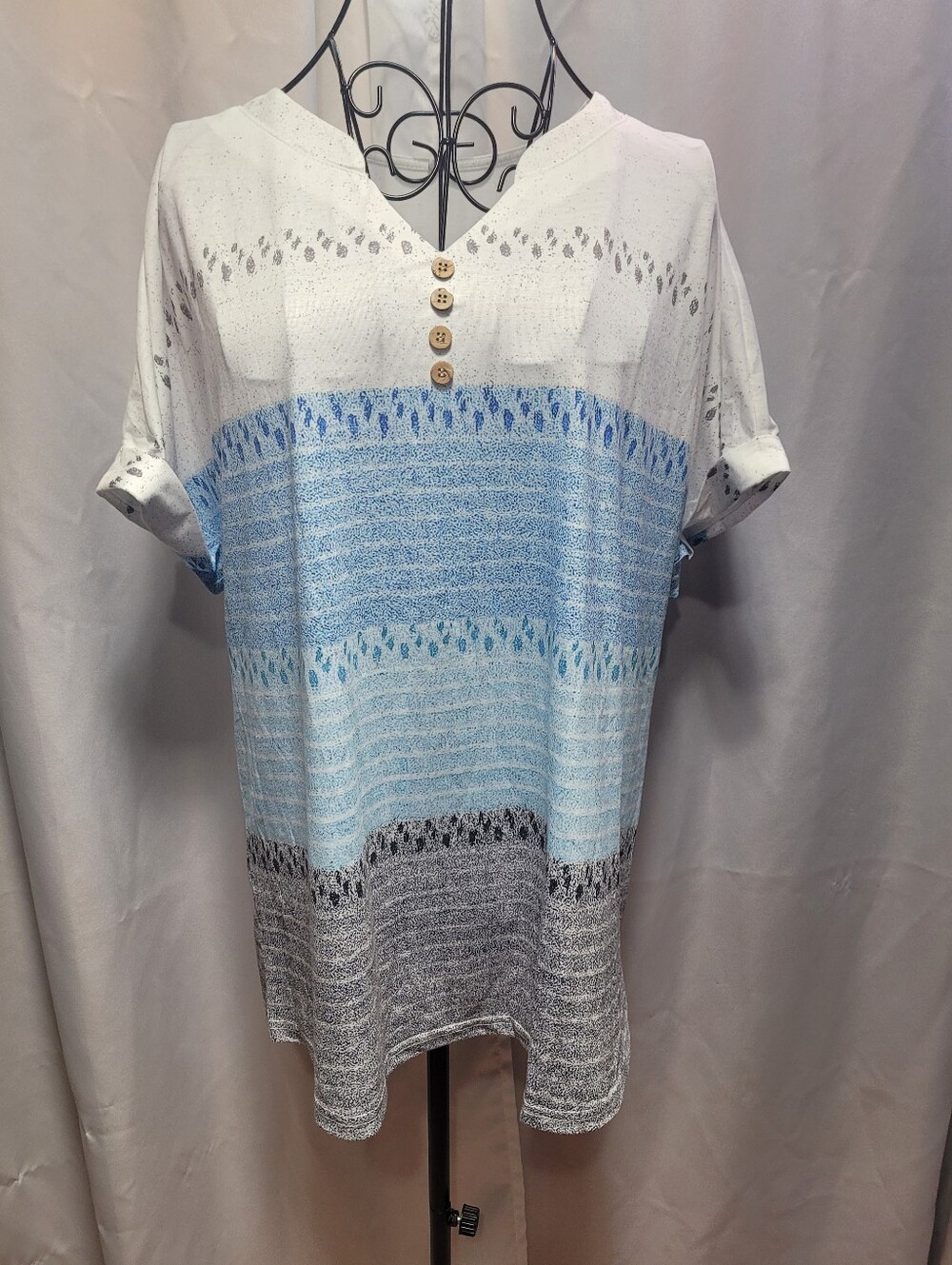 Light Blue & White Striped Womens Button V-Neck Shirt